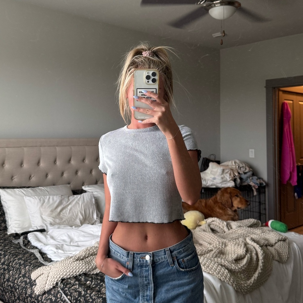 Black and White Striped Lettuce Hem Cropped Short Sleeve